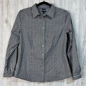 Talbots Fitted Wrinkle Resistant Black White Gold Check Button Down Blouse Top 8